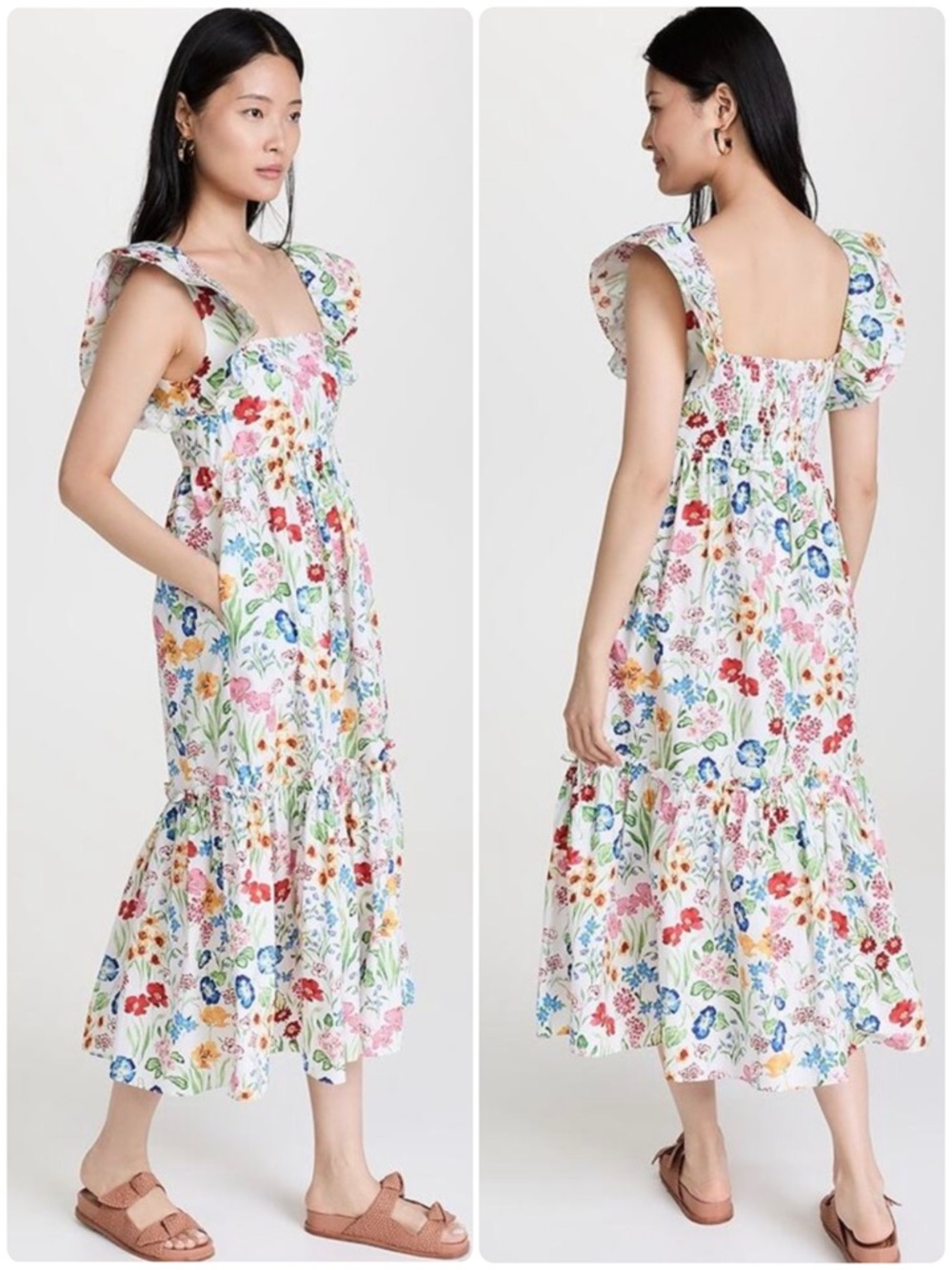 Cara Cara Darby Dress Floral Garden Ivory White Midi Size Large